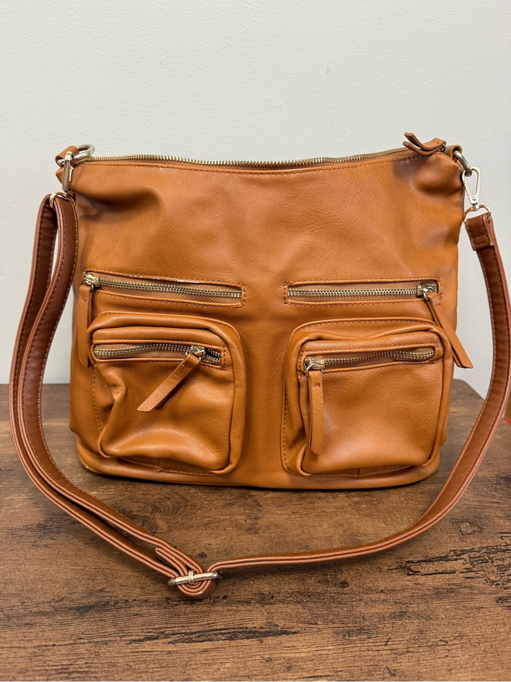 Madison West Purse - Tan Leather Crossbody Bag with Front Zip Pockets